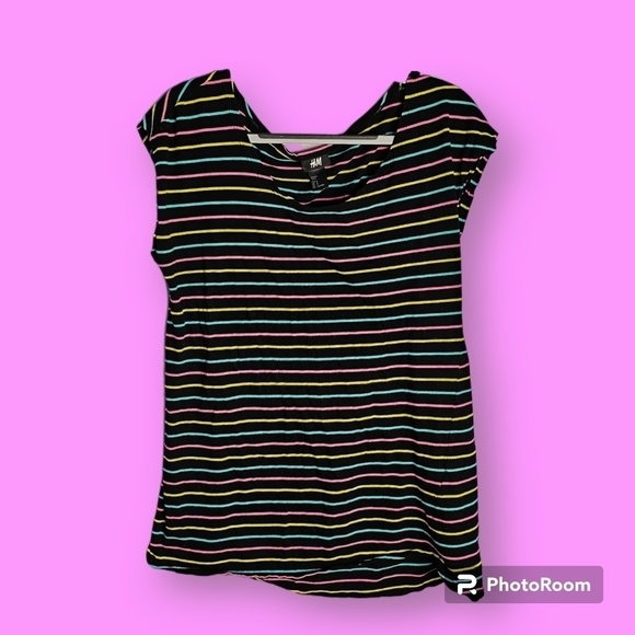 H&M Women's Black Pink Blue & Yellow Striped Short Sleeve Top Size S - Picture 1 of 9